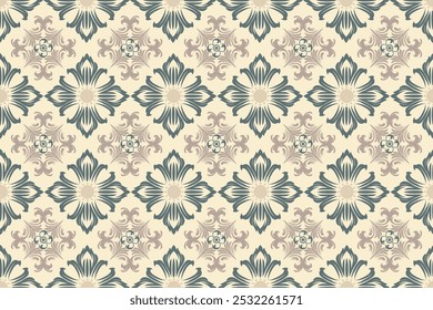 Padrão de azulejos de damasco ornamental sem costura com motivos de inspiração floral em tons bege e verde, ideal para papel de parede, impressões de tecido, papel de embrulho e design de interiores com um toque vintage e elegante.