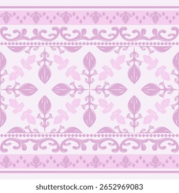 Seamless ornamental design with elegant pink floral elements and geometric details. Versatile for luxury stationery, textile design, beauty, invitation, wedding graphic, medieval royal decoration, rug