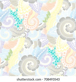 Seamless ornamental ethnic doodle pattern. Floral background with flowers, berries, waves, leaves, curly lines. Good for wallpaper, pattern fills, textile, fabric, wrapping, surface textures.