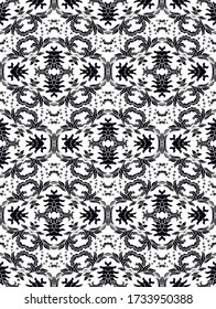 Seamless ornamental floral black and white  vector texture on white background