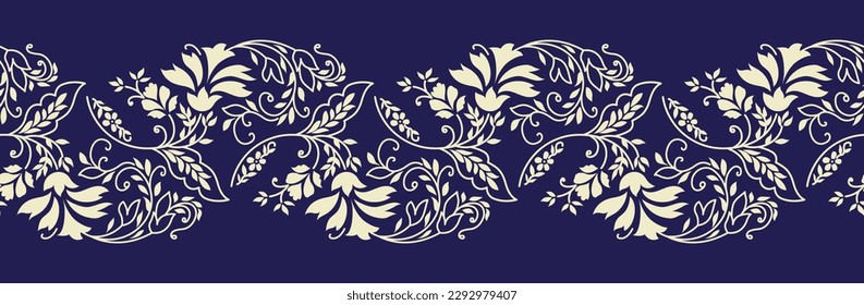 Seamless ornamental floral border on blue background 