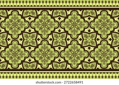 Padrão de borda floral ornamental sem costura em verde-oliva e marrom. Projetado para impressão têxtil, rolos de tecido, papel de parede, estofos, fabricação de vestuário e superfícies decorativas.