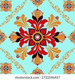 A seamless ornamental floral pattern inspired by flowing flames, featuring a symmetrical design in bold red, orange, and black tones on a soft turquoise background. The dynamic flame-like shapes blend with vintage folk art aesthetics, creating a sense of movement, warmth, and energy. Perfect for fabric prints, wallpaper, home decor, stationery, and decorative surface design projects that seek a dramatic yet elegant visual impact.