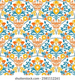 Seamless ornamental floral pattern with symmetrical design, featuring butterflies and folk-inspired elements. This decorative vector in orange, blue, and yellow is ideal for textiles, wallpaper.