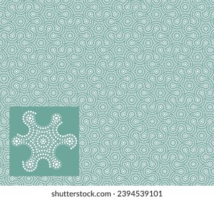 Nahtlose Blumenmuster mit feinen, weißen Linien auf grünem Hintergrund. Modernes abstraktes geometrisches Design mit kleinen Kreisen. Aborigine-Punktkunst. Vektorgrafik.