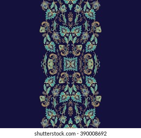Seamless ornamental floral ribbon on dark blue background
