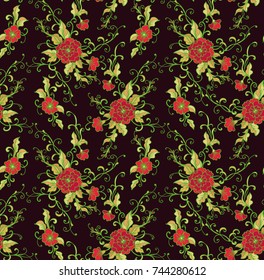 Seamless ornamental floral vector pattern with red flowers on dark background

