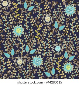 Seamless ornamental floral vector pattern with stylized flowers  on dark background
