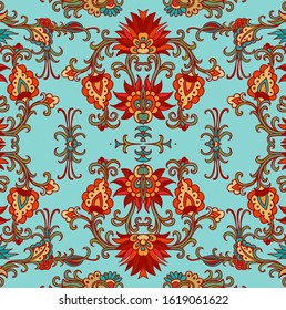 Seamless  ornamental floral vector  texture on turquoise background