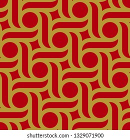 Seamless ornamental geometric background stylish allover pattern abstract minimalist fabric print classy colorful ornament grid graphic style. Casual repeating textile design, red, gold color template