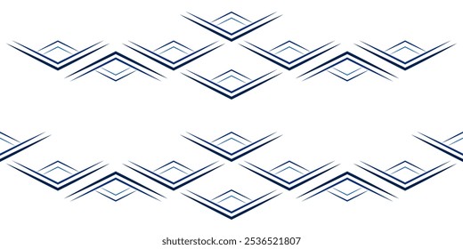 Conjunto de Elementos de diseño de borde geométrico ornamental sin costuras. Rombos azules sobre fondo blanco. Ornamento de folclore decorativo de Vector de líneas. Elementos monocromáticos azules para la decoración textil, hogar, etc.