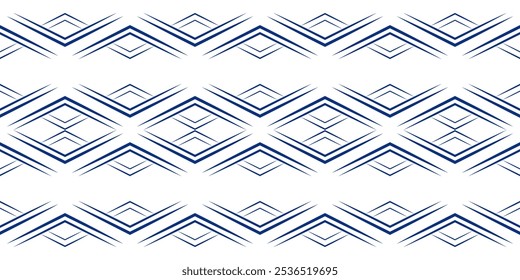 Conjunto de borde geométrico ornamental sin costuras. Rombos azules sobre fondo blanco. Ornamento de folclore decorativo de Vector de triángulos. Estricto fondo monocromo para Fondo de pantalla, textil, etc.