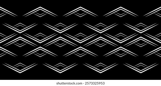 Seamless ornamental geometric border set. White sharp rays on black background. Vector monochrome ornament of rhombuses. Strict ethnic background for wallpaper, textile, etc.