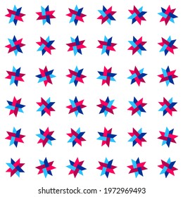Seamless ornamental geometric checkered textile print pattern with neon color eight-pointed stars. Vector background illustration.