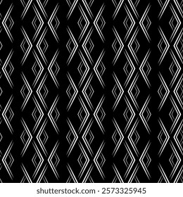 Seamless ornamental geometric seamless linear pattern. White sharp rays on black background. Vector monochrome ornament of rhombuses. Strict ethnic background for wallpaper, textile, etc.