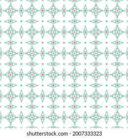 Seamless ornamental geometric pattern featuring repeating diamond and eye motifs in teal and coral on a white background, giving a clean, symmetrical and tribal-inspired aesthetic.