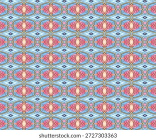 Padrão geométrico ornamental sem costura com cores azul pastel, rosa e amarelo, fundo de simetria decorativa ideal para papel de parede, têxteis, interiores e design de superfície.