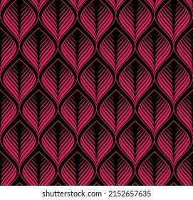 Seamless ornamental geometric pattern. Stylized pink petals and leaves on a black background. The decorative elements are arranged in horizontal and vertical lines. Simple art deco design. 