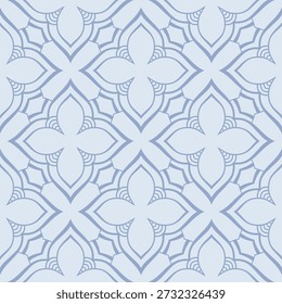 Seamless ornamental geometric vector pattern with soft blue floral shapes and symmetrical tile layout. Elegant abstract vector background. Flat design arabic lattice pattern.