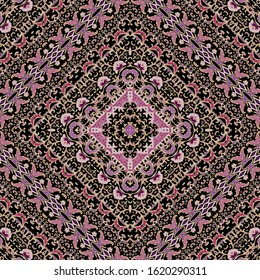 Seamless  ornamental golden - lilac, pink laced  vector  texture on dark background