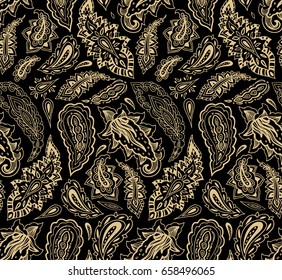 Seamless ornamental golden paisley pattern on black background