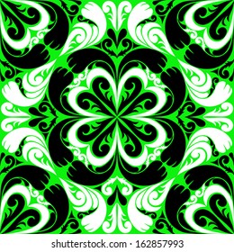 Seamless ornamental green Pattern with black-white Ornament. 