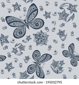 Seamless ornamental hand drawn vintage vector pattern with butterflies and flowers.