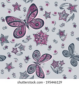 Seamless ornamental hand drawn vintage vector pattern with butterflies and flowers. Pink and gray.