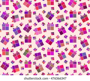 Seamless ornamental holiday pattern with gifts in tints of purple color in flat style. Vector illustration