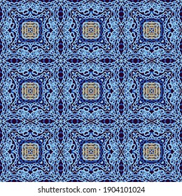 Seamless ornamental laced blue  vector texture on dark background