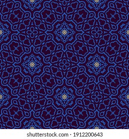 Seamless ornamental laced blue  vector texture on dark background