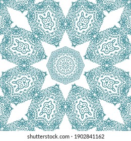 Seamless ornamental laced golden - pastel blue  vector texture on white background