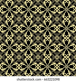 Seamless ornamental luxury pattern. Black and golden textile print. Islamic vector background. Floral tiles. Template can be used for fabric, textile, cloth, wrapping paper, oilcloth, and other design