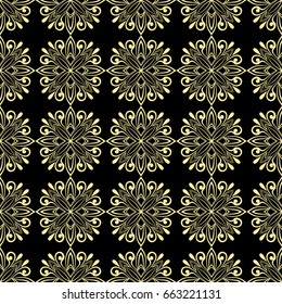 Seamless ornamental luxury pattern. Black and golden textile print. Islamic vector background. Floral tiles. Template can be used for fabric, textile, cloth, wrapping paper, oilcloth, and other design