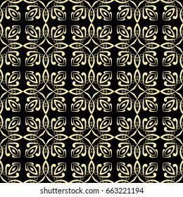 Seamless ornamental luxury pattern. Black and golden textile print. Islamic vector background. Floral tiles. Template can be used for fabric, textile, cloth, wrapping paper, oilcloth, and other design