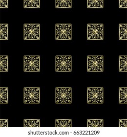 Seamless ornamental luxury pattern. Black and golden textile print. Islamic vector background. Floral tiles. Template can be used for fabric, textile, cloth, wrapping paper, oilcloth, and other design