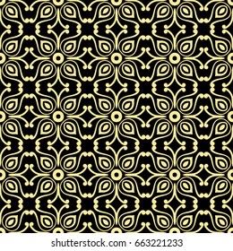 Seamless ornamental luxury pattern. Black and golden textile print. Islamic vector background. Floral tiles. Template can be used for fabric, textile, cloth, wrapping paper, oilcloth, and other design