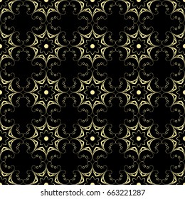 Seamless ornamental luxury pattern. Black and golden textile print. Islamic vector background. Floral tiles. Template can be used for fabric, textile, cloth, wrapping paper, oilcloth, and other design