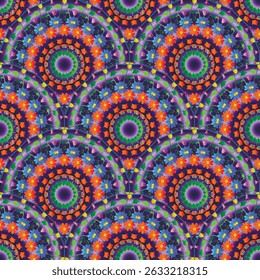 Padrão de mandala ornamental perfeito em cores vibrantes com motivos florais circulares e simetria geométrica. Fundo decorativo caleidoscópico para design têxtil, papel de parede ou digital. Textura sem fim.