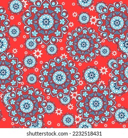 Seamless ornamental oriental pattern. Repeating geometric tiles with mandala. Vector laced decorative background with floral and geometric ornament. Indian or Arabic motive. Boho festival style