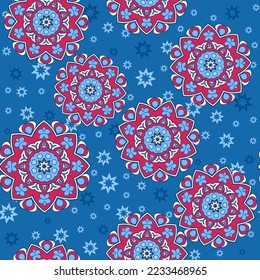 Seamless ornamental oriental pattern. Repeating geometric tiles with mandala. Vector laced decorative background with floral and geometric ornament. Indian or Arabic motive. Boho festival style