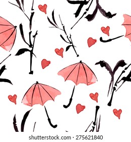 Seamless ornamental pattern with bamboo and umbrella, hand-drawing watercolor. Vector Illustration