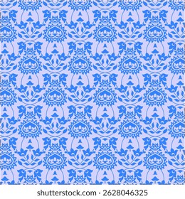 A seamless ornamental pattern in blue with classic symmetrical motifs. Ideal for wallpapers, textile prints, and vintage-inspired design projects.