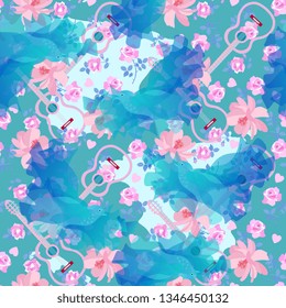 Seamless ornamental pattern with blue fairy birds, pink fliwers,little hearts and silhouettes of guitars. Print for fabric.