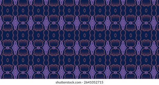 Seamless ornamental pattern with bold purple floral and diamond motifs over a deep navy background. Great for wallpaper or digital use.