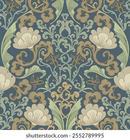 Seamless ornamental pattern. Botanical background of stylized flowers and plants.