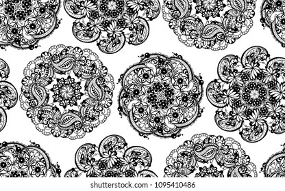 Seamless ornamental pattern with circle pattern elements in lace style in graphic vector design