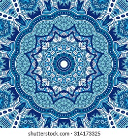 Seamless ornamental pattern of circular ornaments. Doily lace round ornament in the style of Chinese painting on porcelain. Blue winter background