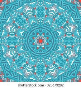 Seamless ornamental pattern of circular ornaments. Doily lace round ornament. Blue winter background