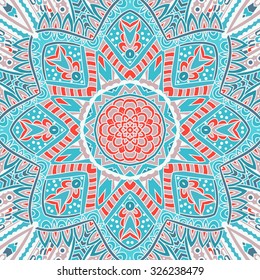 Seamless ornamental pattern of circular ornaments. Doily lace round ornament. Blue winter background